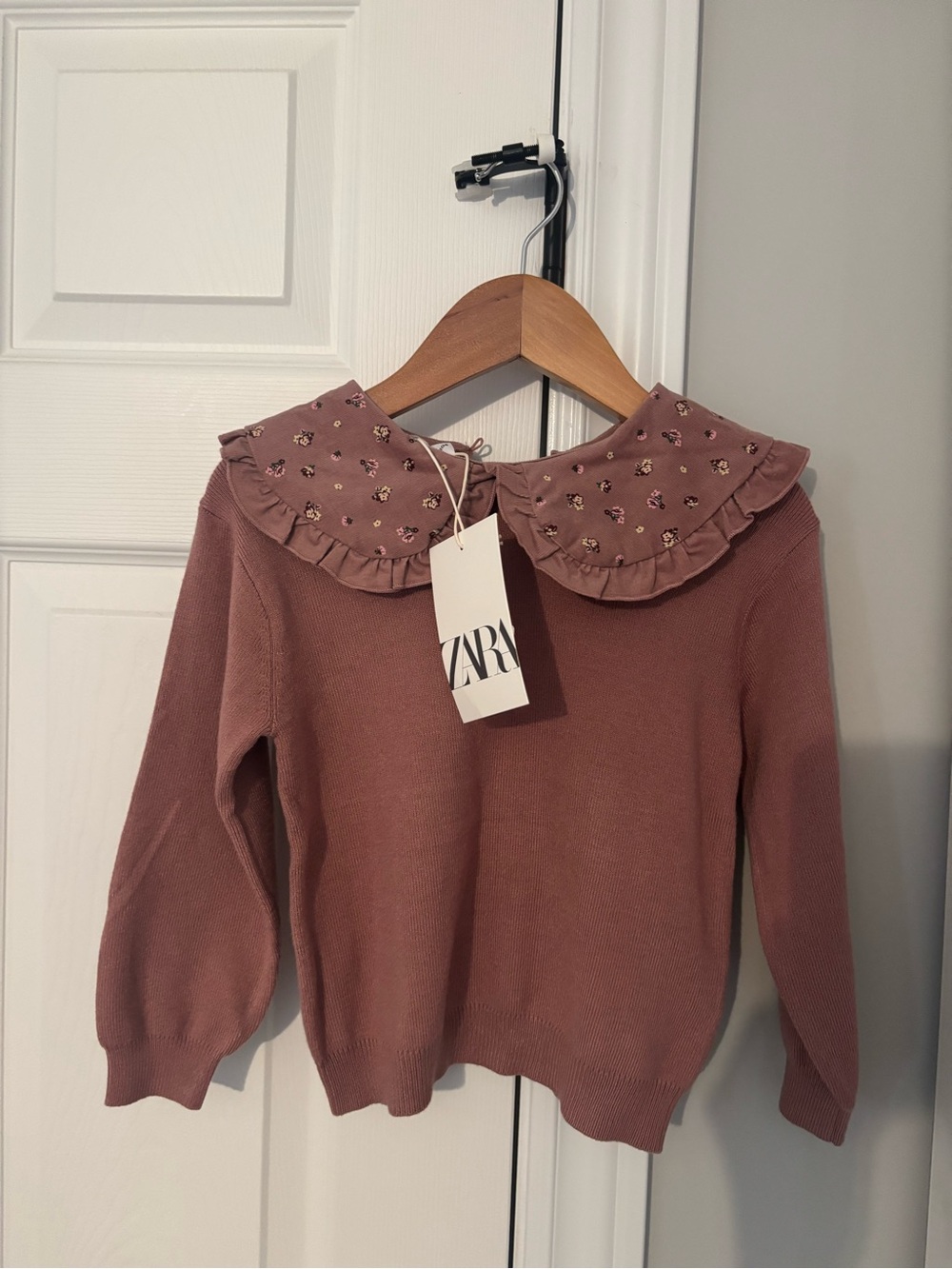 Zara Girls' Dusty Rose Sweater with Ruffle Floral Collar 4T